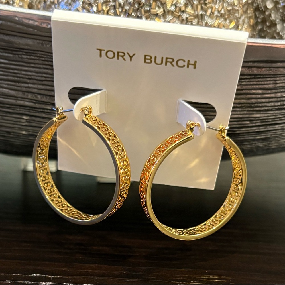 Tory Burch Intricate Gold Hoop Earrings
